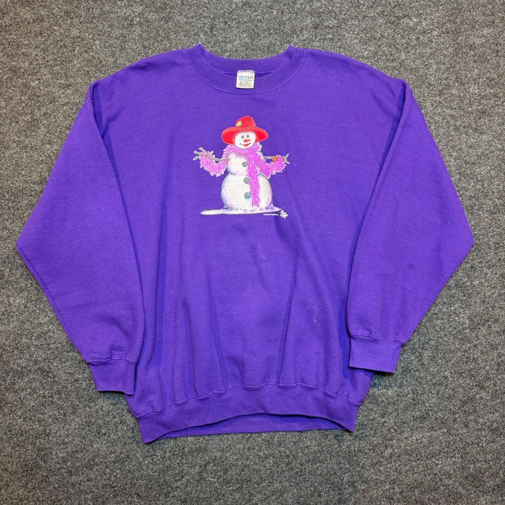 Vintage Gildan Purple Snowman Graphic Sweatshirt Heavyweight Fleece XL 2003